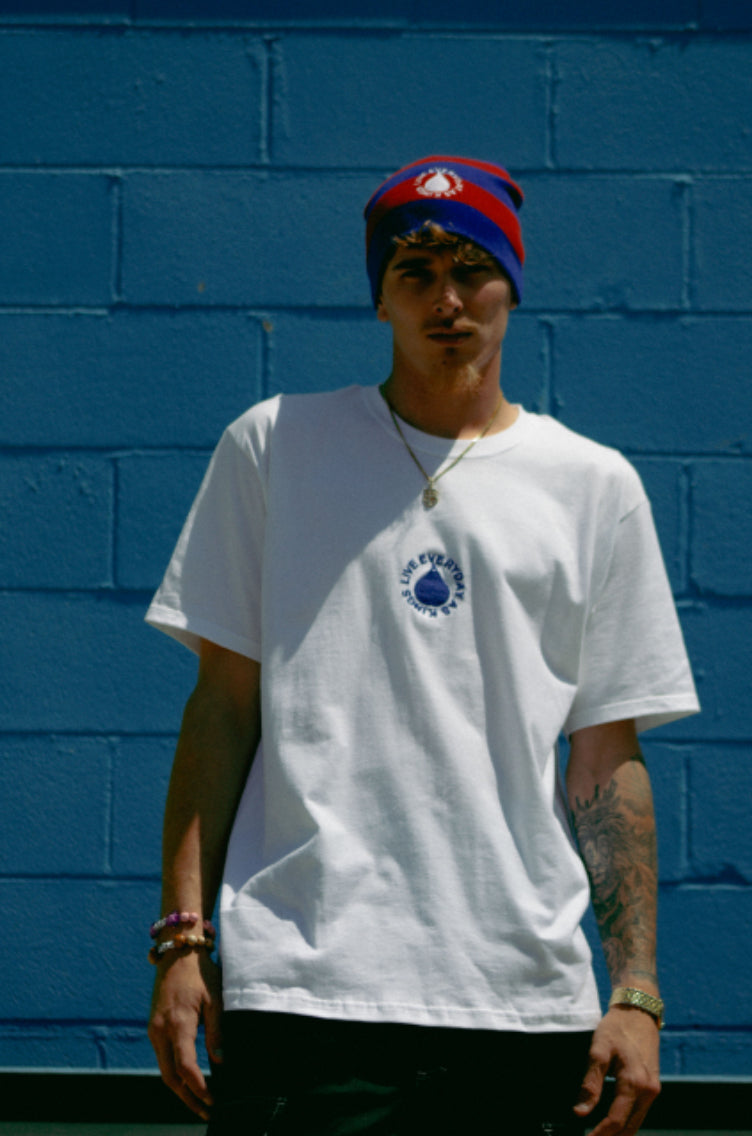 WHITE AND ROYAL BLUE STAPLE T SHIRT